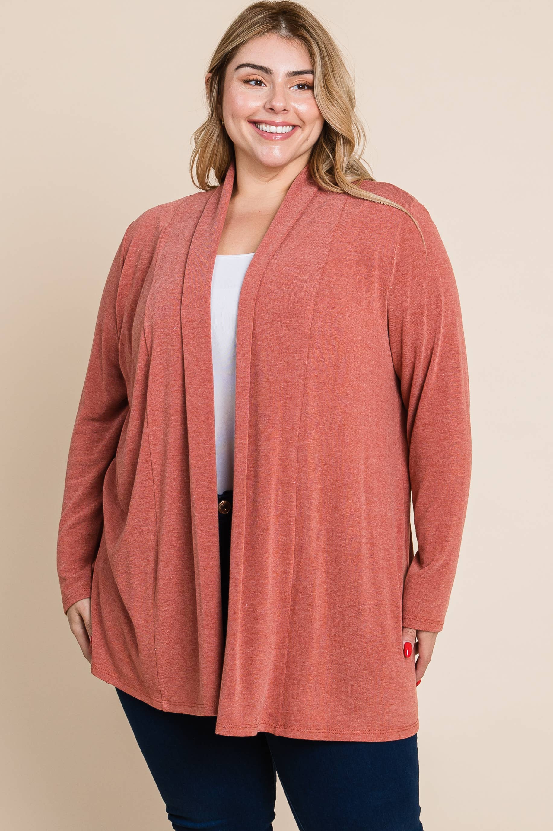 Plus Size Soft Solid Open Front Cardigan