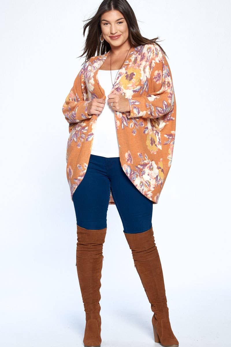 Plus Size Floral Hacci Brush Circle Cardigan