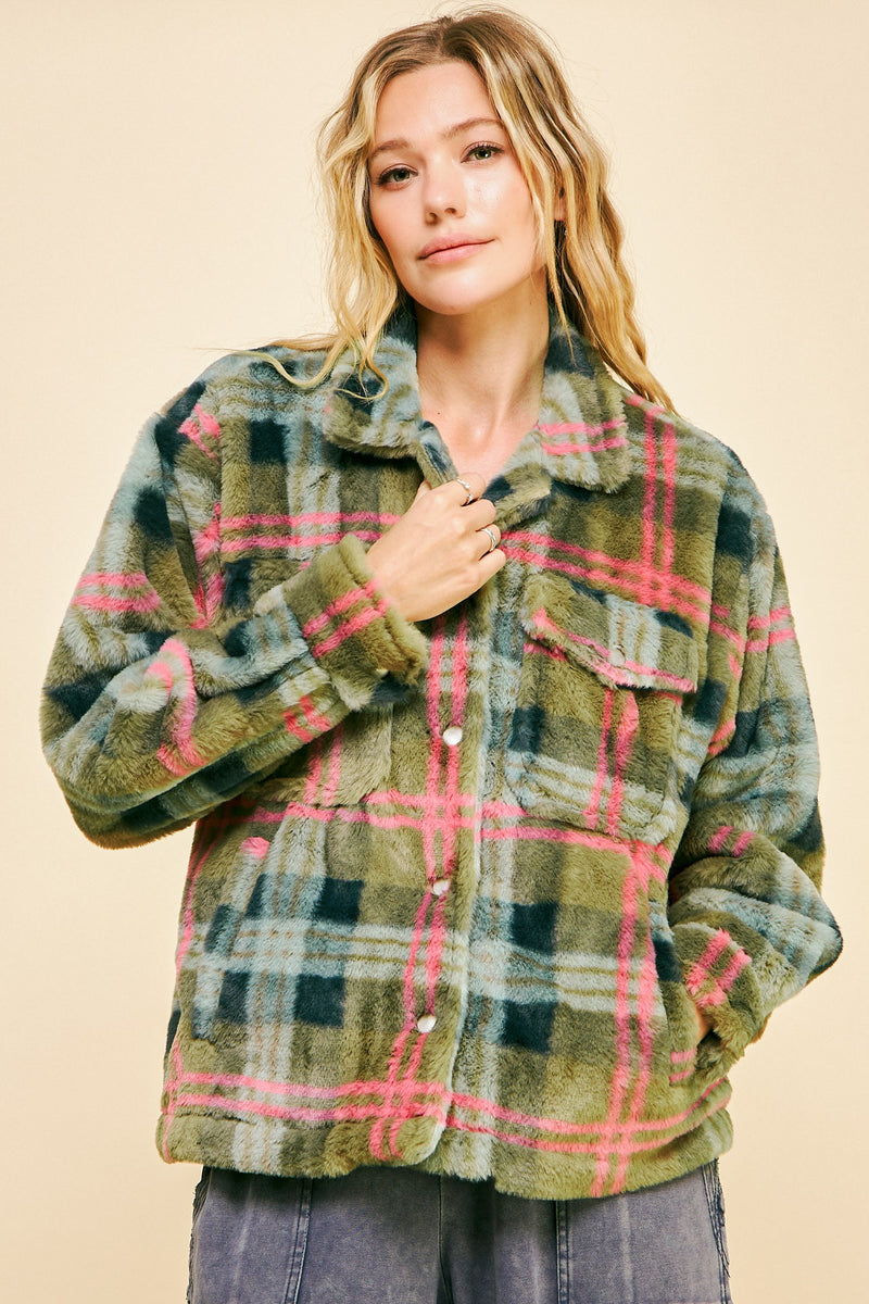 Fuzzy Plaid Button Down Loose Jacket