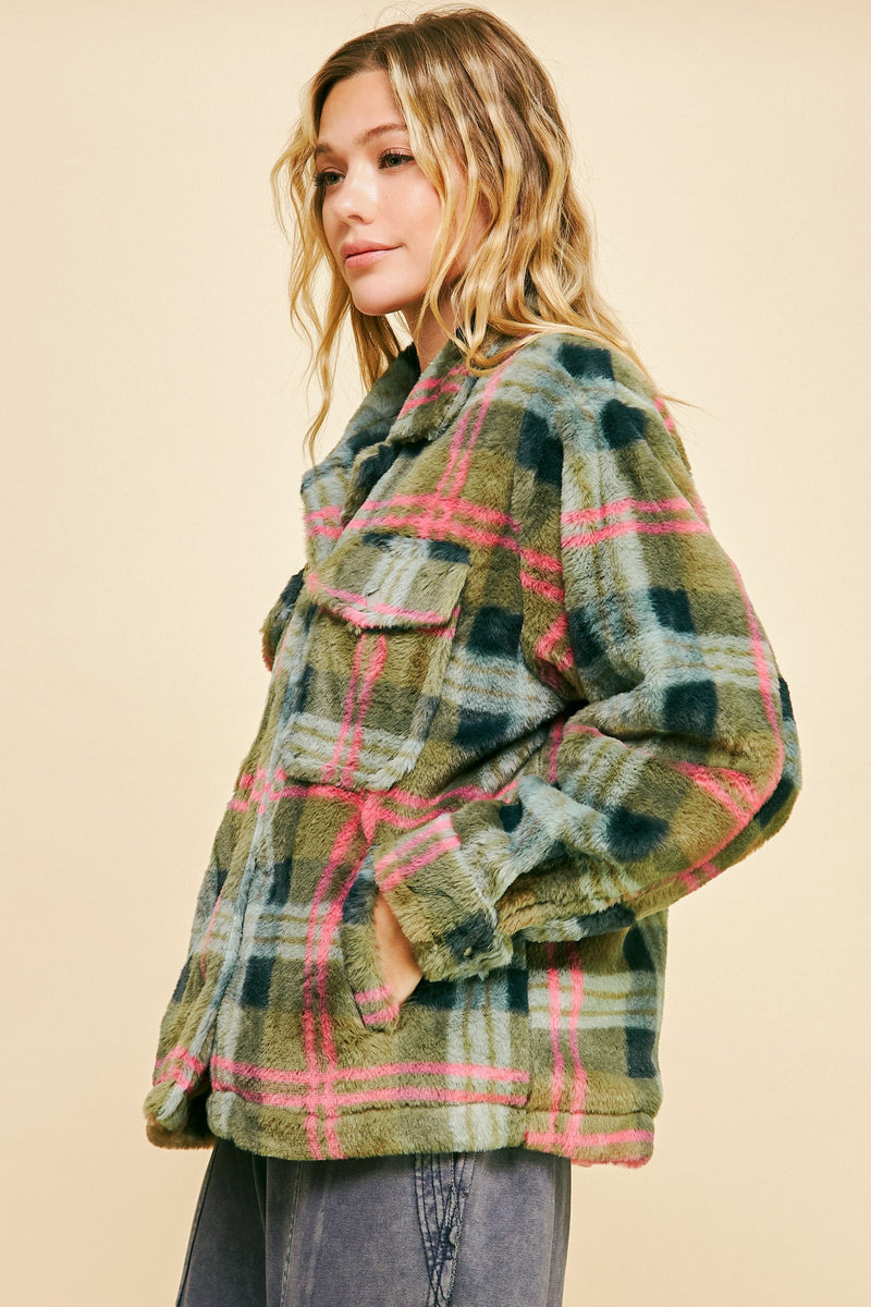 Fuzzy Plaid Button Down Loose Jacket