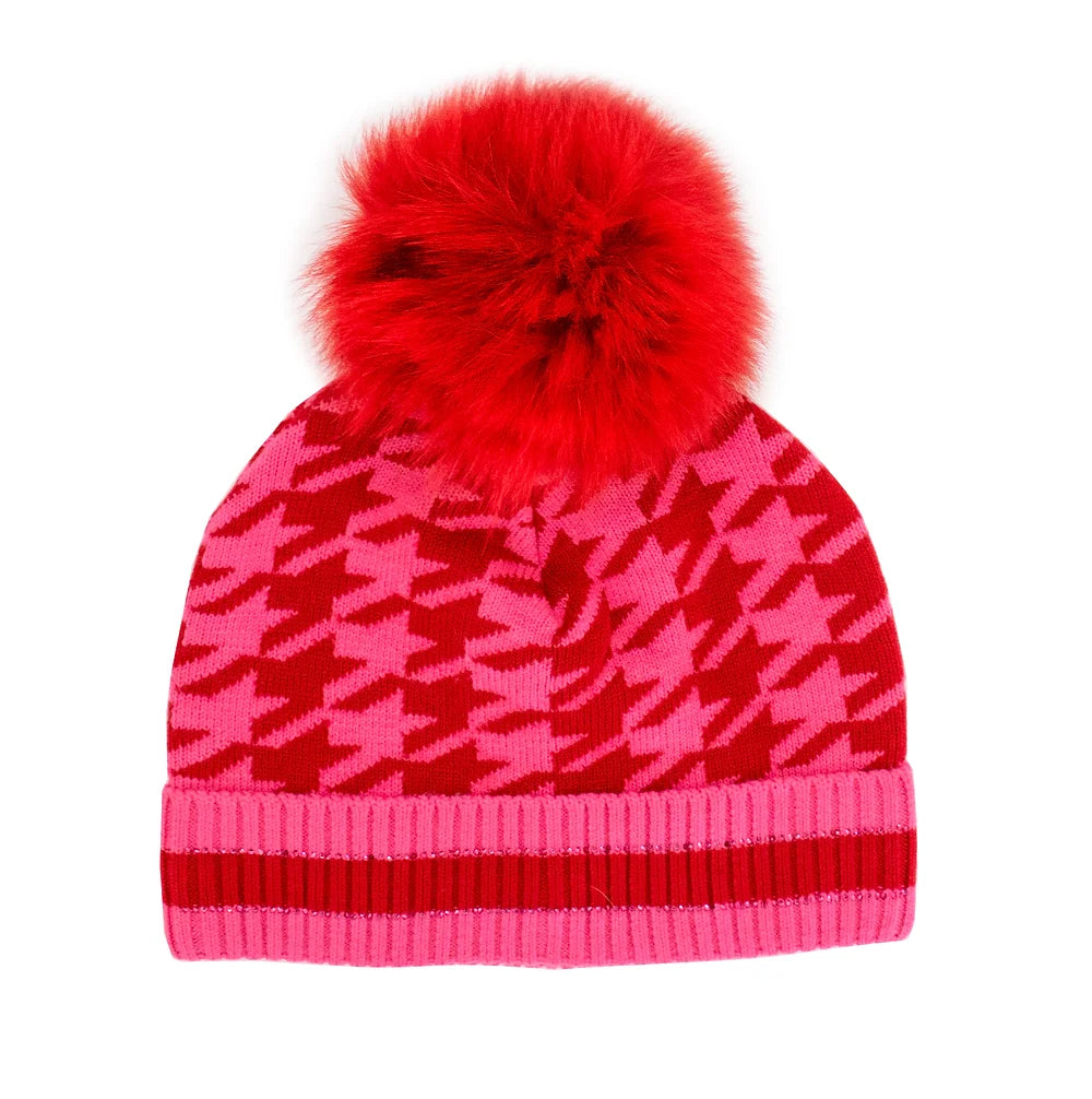 Knit Houndstooth Beanie with Fox Fur Pom