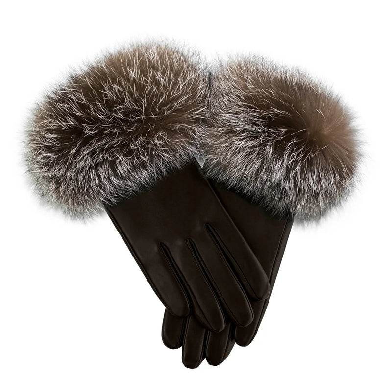 Brown Leather Gloves with Crystal Fox Fur Trim