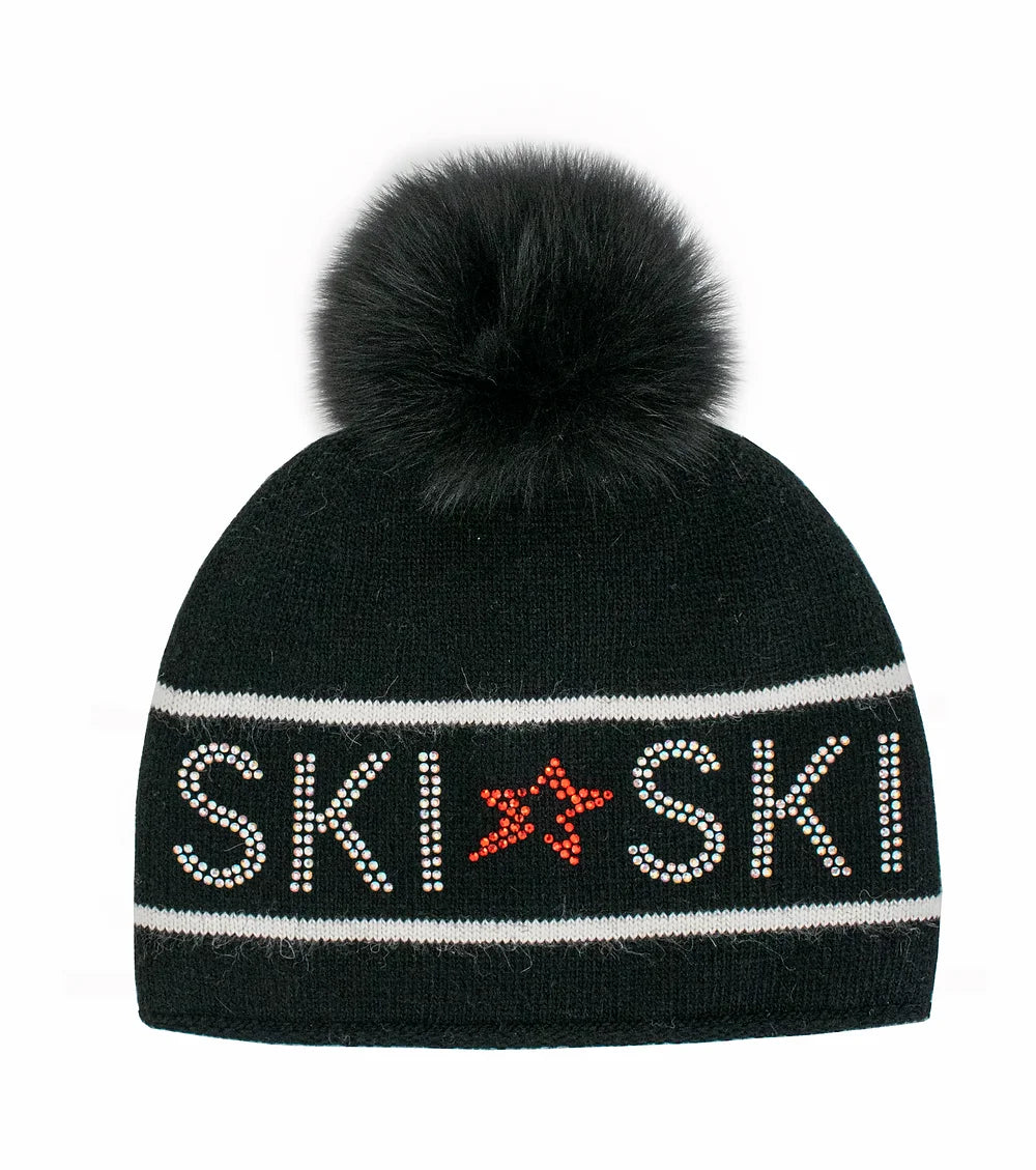 Knit "SKI" Hat with Crystals and Fox Pom