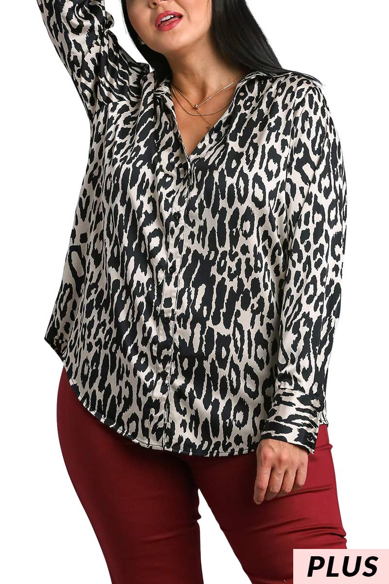 Plus Satin Button Down Animal Print Shirt