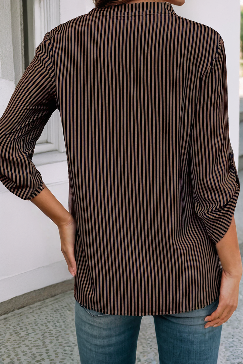 Stripe V Neck Roll Up Sleeve Shirt