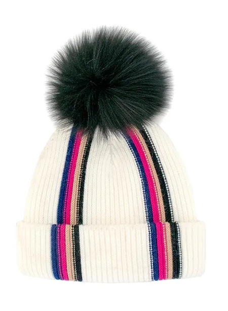 Retro Striped Hat with Fox Pom