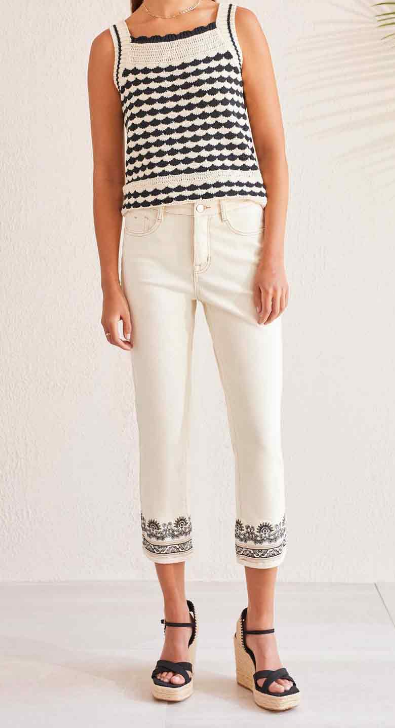 Audrey Cropped Pant with Embroidered Bottom