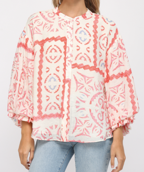 Aztec Print Bubble Sleeve Blouse