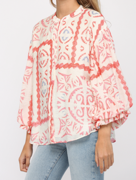 Aztec Print Bubble Sleeve Blouse