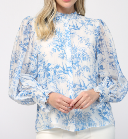 Printed Tencel Blend Ruffle Blouse