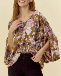 Print Top with Draped Sleeves