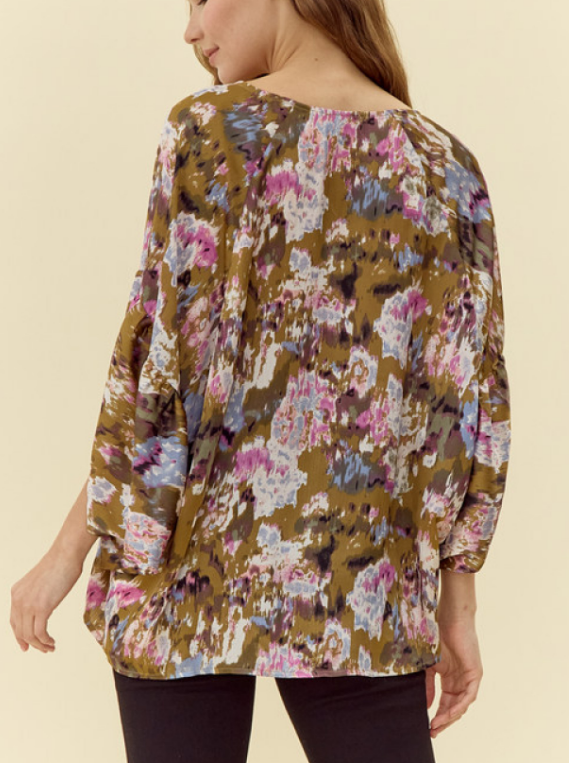 Print Top with Draped Sleeves