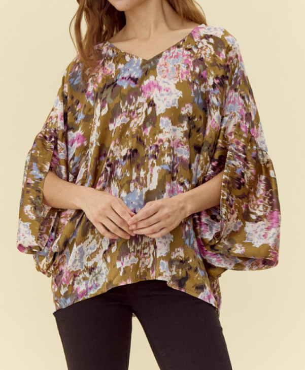 Print Top with Draped Sleeves