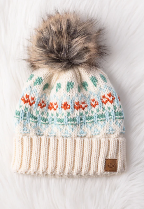 Patterned Knit Winter Hats with Pom