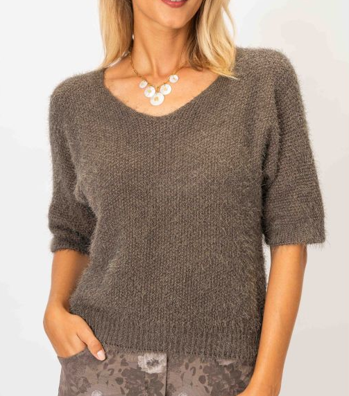 Short Sleeve Fluffy Knit Italian Sweater