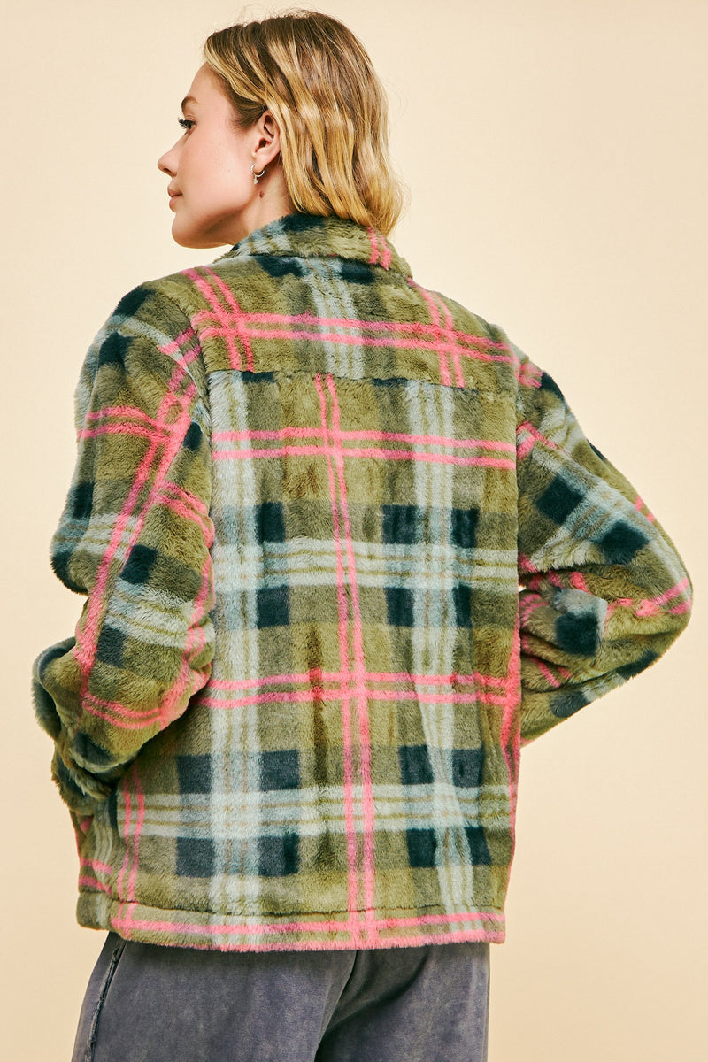 Fuzzy Plaid Button Down Loose Jacket