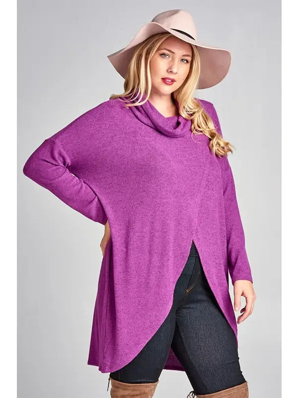 Plus Size Hacci Brush Cowl Neck Tulip-Hem