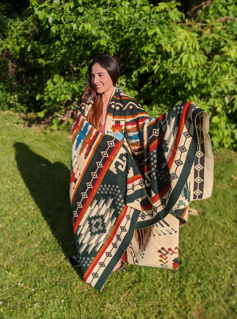 Forest Green Geometrical Native Pattern Blanket